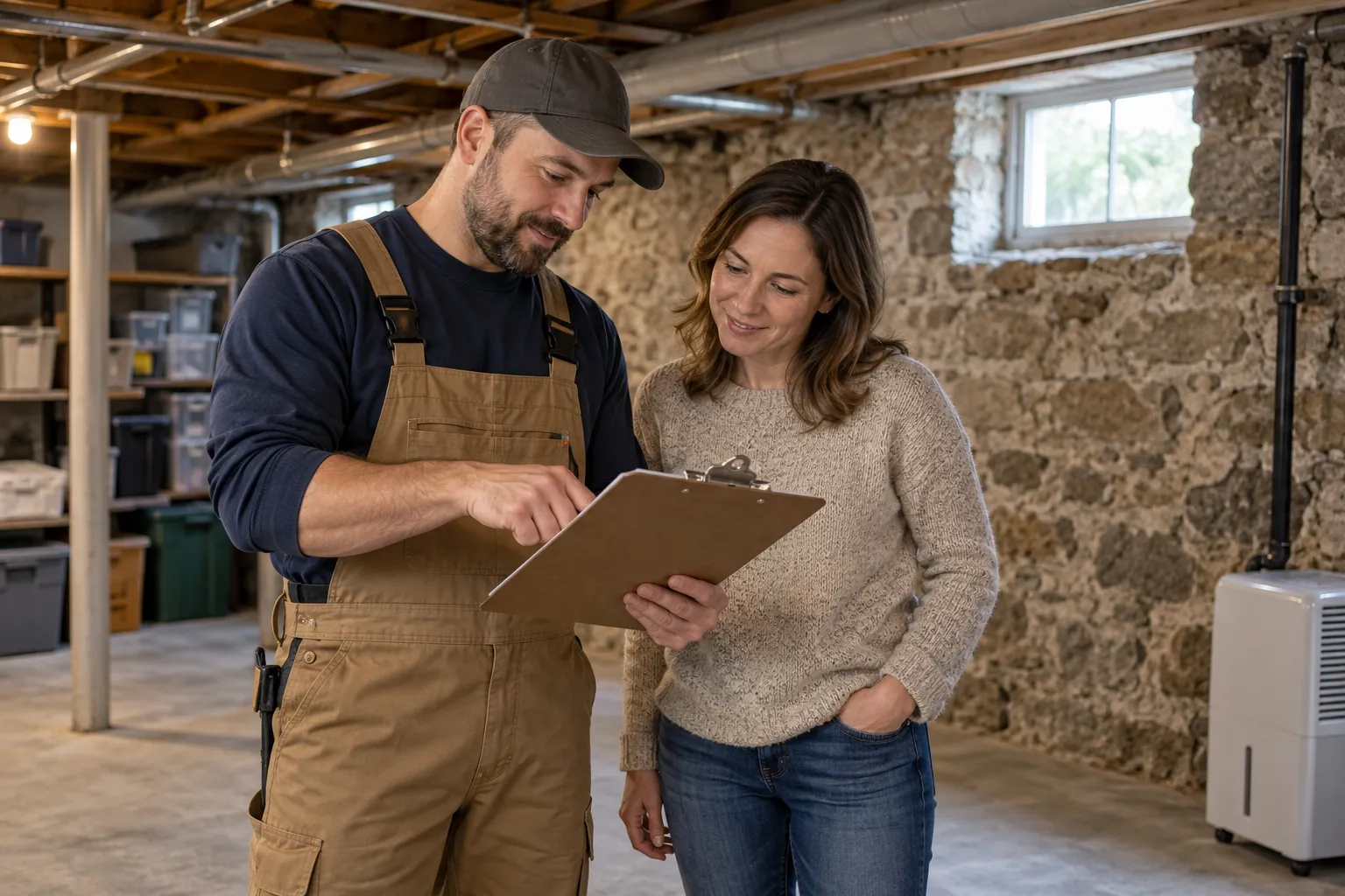 A friendly provider talking with a homeowner in a bright basement in Lindenhurst